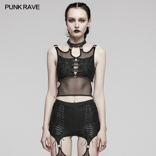 Manufacture Sexy Hollow Design And Unmovable Metal Buckle Decoration Punk Metal Stud Embellishment Punk Textured Perspective Top