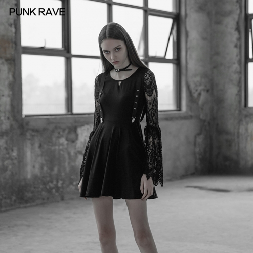 PUNK RAVE black lace sleeves short dress OPQ-391