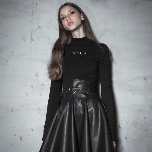 Punk Dark High Collar Trumpet Sleeve Knitted Top OPT-293TCF-BK