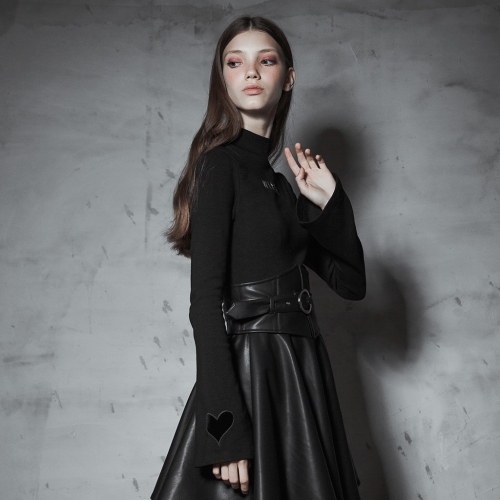 Punk Dark High Collar Trumpet Sleeve Knitted Top OPT-293TCF-BK