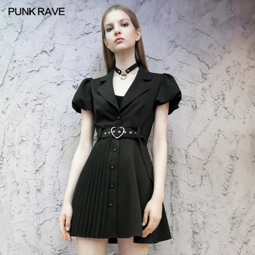 black high waist v-neck puff sleeves pleat dress OPQ-725LQF