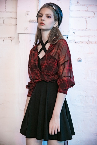 Sweet Cool girls See-Through Plaid Tie Suit Collar With Long Sleeve Shirt OPY-459CCF-BK-WH
