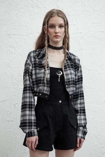 Gridded Dress coat Black plaid skirt OPQ-1043LQF