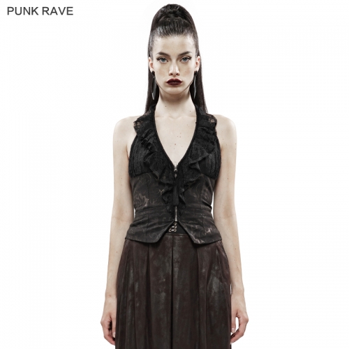 Black Gold Dark Flower Hanging Neck Lace Vest WY-1136MJF