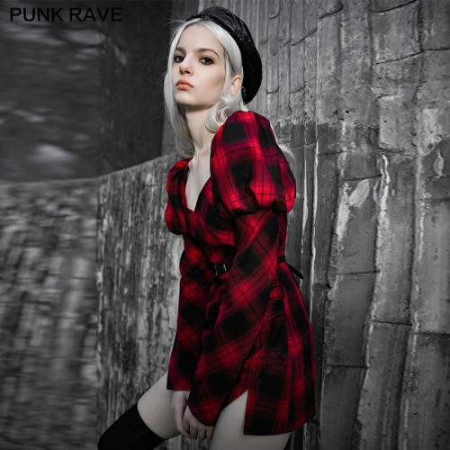 Red And Black Plaid With Princess Sleeves Dress OPQ-735LQF