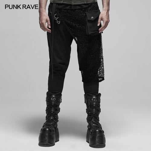 Black punk metal button net cloth fabric medium pants