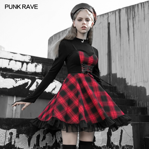 red plaid braces skirt OPQ-704LQF