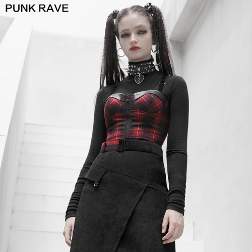 PUNK series plaid elastic shoulder strap corset vest