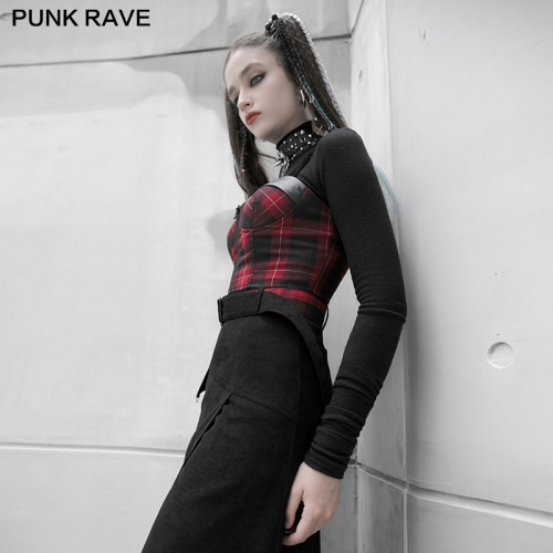 PUNK series plaid elastic shoulder strap corset vest
