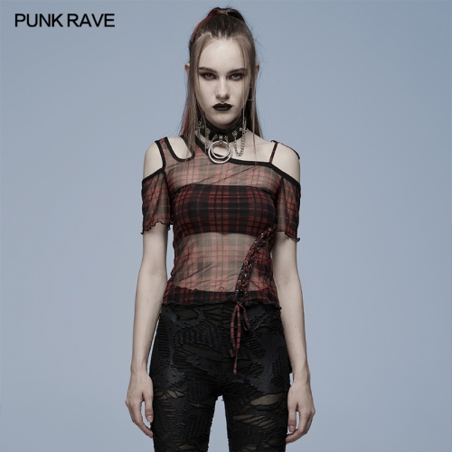 Daily punk plaid mesh T-shirt WT-701TCF-RD