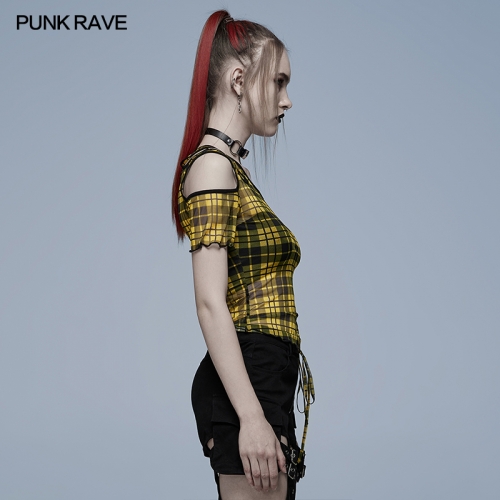 Daily punk plaid mesh T-shirt WT-701TCF-YE