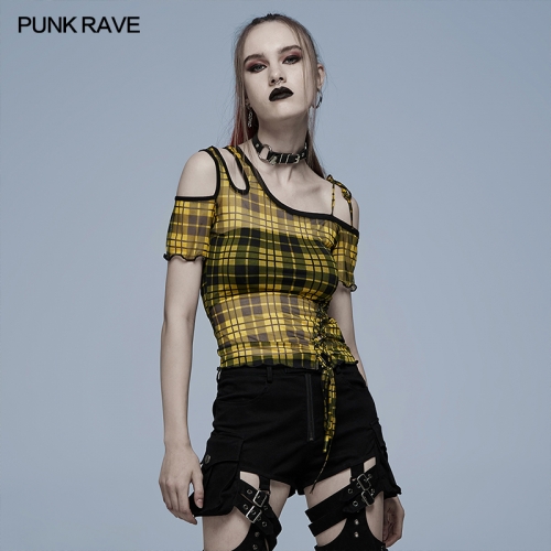 Daily punk plaid mesh T-shirt WT-701TCF-YE