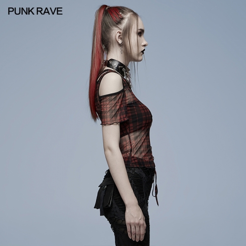 Daily punk plaid mesh T-shirt WT-701TCF-RD