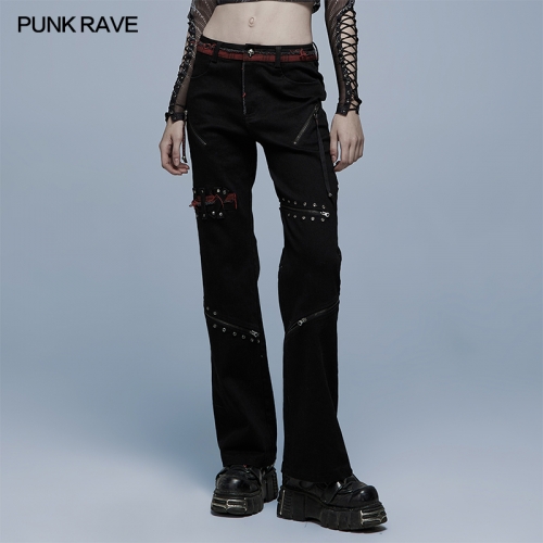 Stylish punk black and red straight pants WK-489XCF