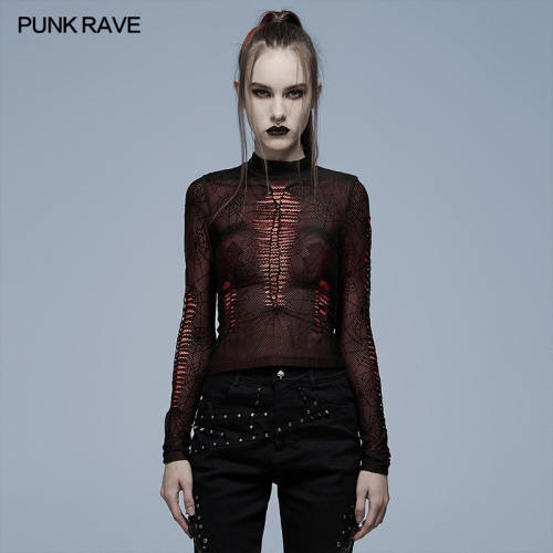 Gothic spider web printting perspective T-shirt WT-695TCF-BK-RD