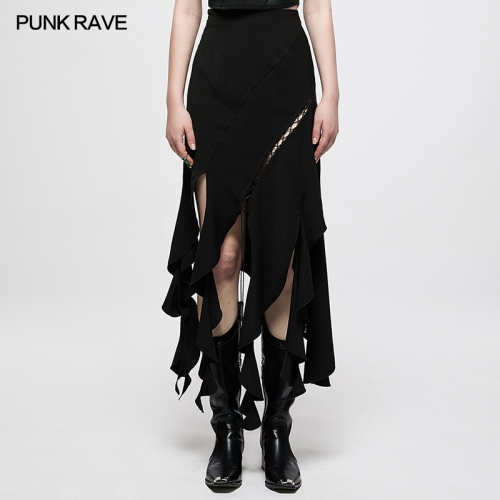 Dark Irregular Ruffles Tassel Long Skirt OQ-004BQF
