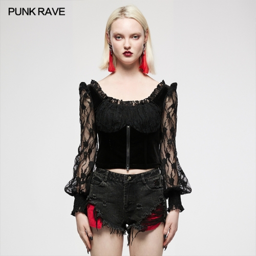 Square-Neck Velvet-Paneled Lace Top OPT-752DQF