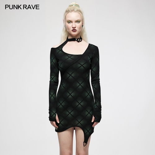 Dark Asymmetric Sexy Plaid Print Dress OQ-002DQF