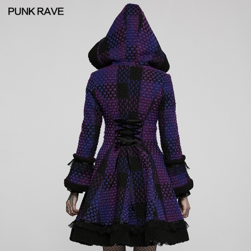 Punk Rave High Elastic Washing Denim Fabric High Waist Fit Micro Flare Cutting Gothic Square Neck Fitted Hooded Long Dress Coat WLY-102ECF