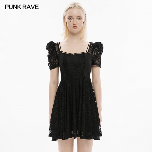 Sexy Hollow Out Bubble Sleeves Rose Lace Princess Dress