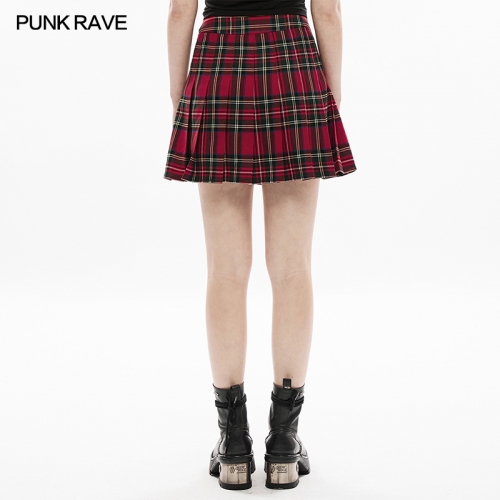 Dark Red Punk School Style Plaid Pleated Short Skirt