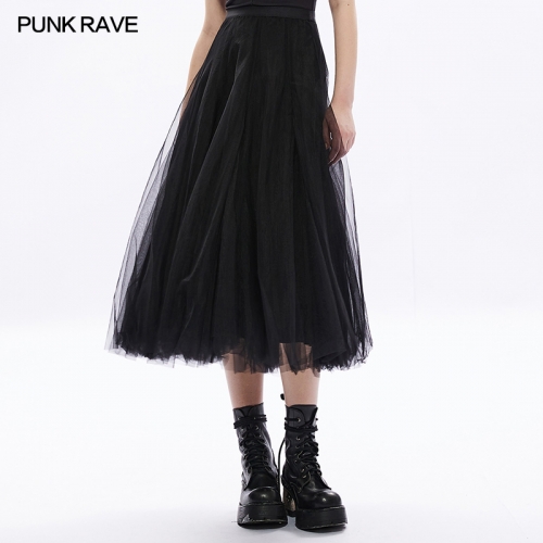 Ladies Dark Black Elegant Fairy Medium Long Mesh Skirt OPQ-1253BQF