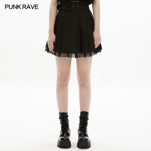 Dark Black Elastic Waist Pleated Gauze Short Skirt OPQ-1236BQF