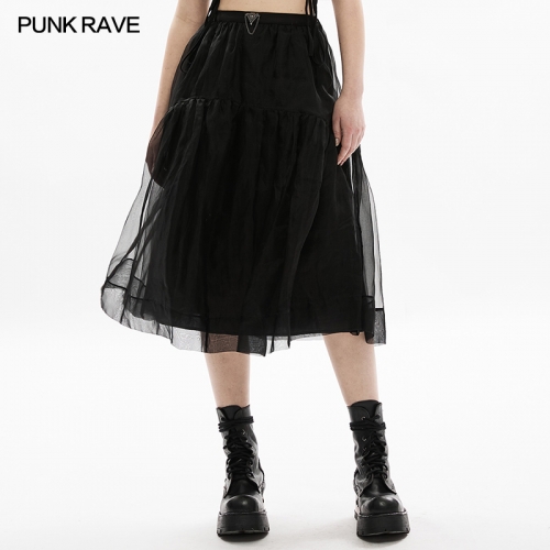 Dark Two Wear Organza Layer Mesh Slip Dress Half Skirt