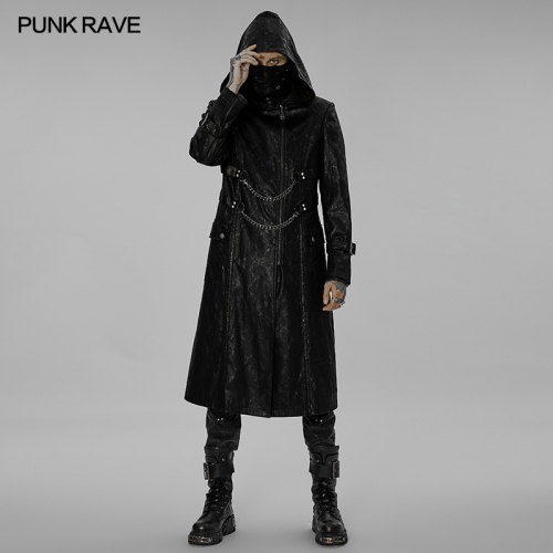 Men Autumn Winter Dark Black Punk Printing Long Overcoat