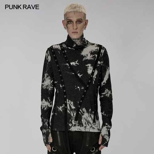 Men Autumn Winter Punk Tie-Dyed Pullover Turtlenecks Long Sleeve T-Shirt WT-734TCM