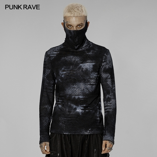 Men Autumn Winter Goth One-Piece Masked Knit Splice Gauze Tie Dye Long Sleeve T-Shirt WT-743TCM