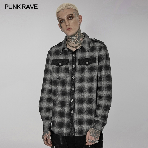 Men Autumn Winter New Collections Punk Fashion Black Gray Plaid Shirt WY-1427CCM
