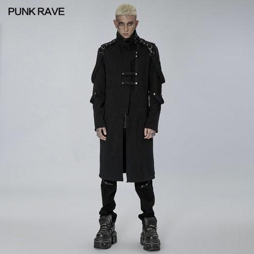 Men Autumn Winter Dark Black Punk Knitted Long Overcoat