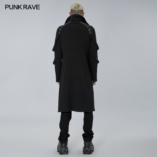 Men Autumn Winter Dark Black Punk Knitted Long Overcoat