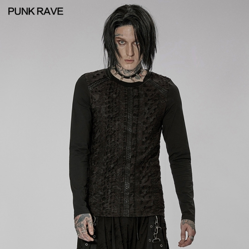 Men Autumn Winter Goth Dark Black Knitted Printed Long Sleeve T-Shirt