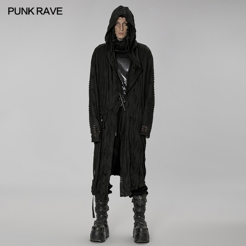 Men Autumn Winer Dark Pleated Knitted Broken Hole Hooded Long Coat WY-1425XCM