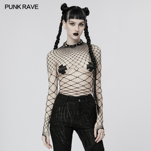 Punk One-Piece Mesh T-shirt Sexy Gauze Hollow-out Knitted Top WT-782TCF