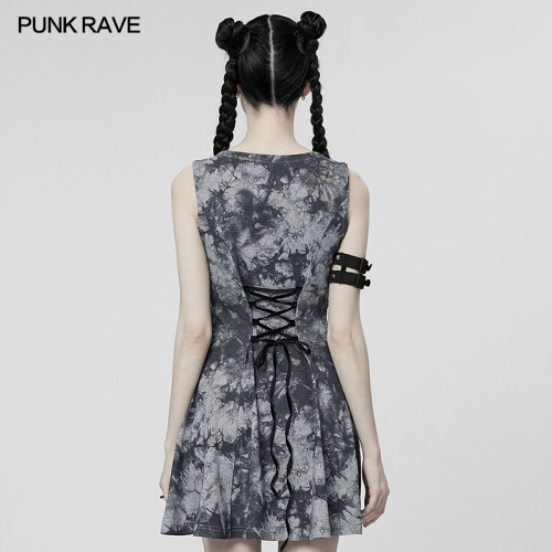 Cyberpunk Tie-Dyed Sleeveless Dress Hot Girl Sexy Hollow Out Velvet Strap Collet Waists A-shaped Skirt WQ-603LQF