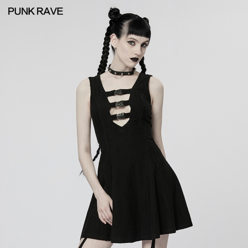 Cyberpunk Sleeveless Dress Hot Girl Sexy Hollow Out Nipped Waists A-shaped Skirt WQ-603DQF