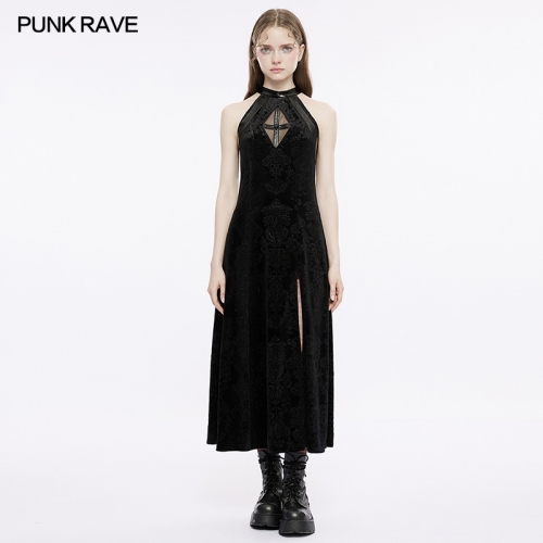 Gothic Embossed Velvet Sleeveless Dress Mesh Hollow Out Diamond Cross Slim Halter Long Dress OPQ-1354LQF