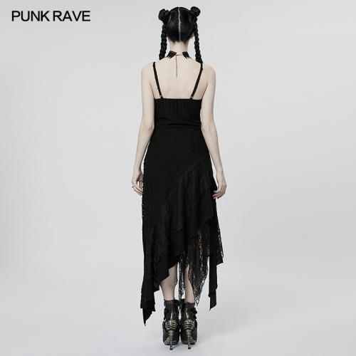Goth Decadent Lace Splicing Irregular Dress Dark Sexy Low-Cut V-Neck Velvet Binding Slip Dress WQ-615LQF