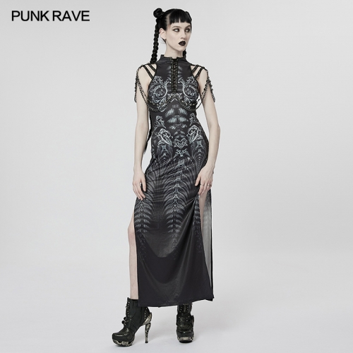 Cyberpunk Science Fiction Digitally Printed Dress Sexy Cutout Shoulder Metal Chains Sleeveless Long Dress WQ-622LQF