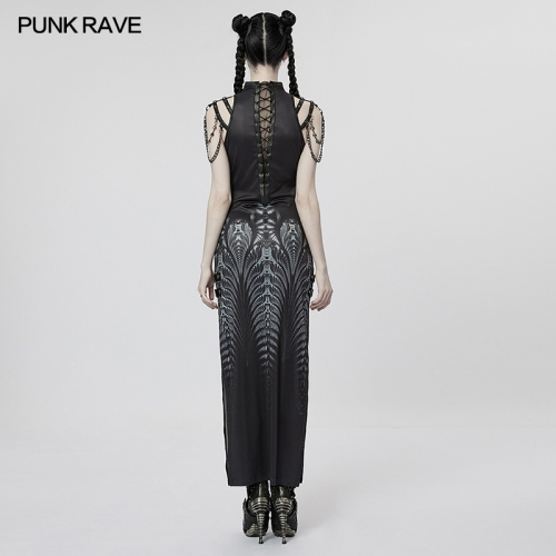 Cyberpunk Science Fiction Digitally Printed Dress Sexy Cutout Shoulder Metal Chains Sleeveless Long Dress WQ-622LQF
