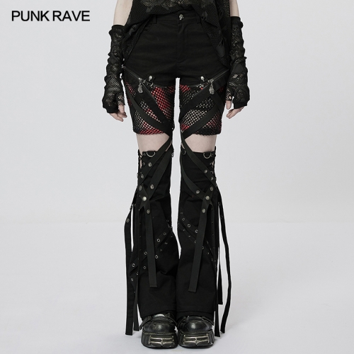 Punk Denim Splice Mesh Irregular Webbing Detachable Flared Trousers WK-540XCF