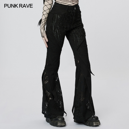 Goth Denim Embroidery Splicing Lace Mesh Perspective Sexy Slim Tight Flared Long Pants WK-535XCF