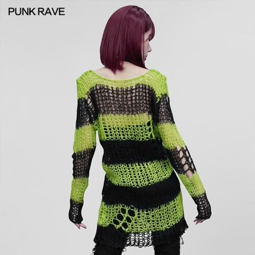Punk Contrast Color Irregular Broken Hole Thin Knitted Pullover Sweater WM-072DYF