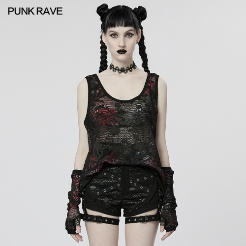 Gothic Rock Red Skull Printing Tank Top Sexy Mesh Harajuku Street Style Top Vest WT-759DQF
