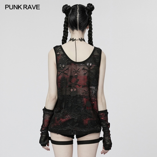 Gothic Rock Red Skull Printing Tank Top Sexy Mesh Harajuku Street Style Top Vest WT-759DQF