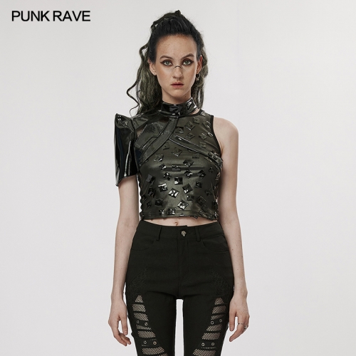 Cyberpunk One-Arm Short Sleeve Jacket Crop Tops Racerback Patent Leather Jacket WY-1444XDF