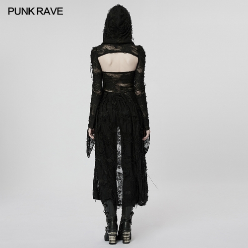 Darkness Gothic Rose Pattern Two-Piece Knitted Broken Hole Halter Hooded Long Dress Coat WY-1476XCF